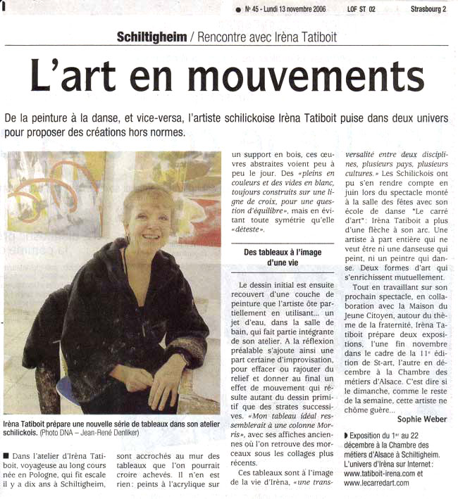Le Carré d'Art, école de danse à Strasbourg - DNA 13 novembre 2006, l'art en mouvement - rencontre avec irena Tatiboit