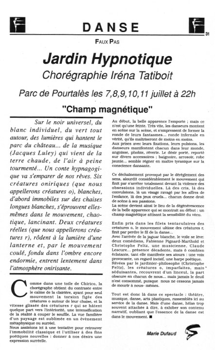 Le Carré d'Art, dance school in Strasbourg - Hebdoscope juillet 1993 - Jardin Hypnotique, Marie Dufaud