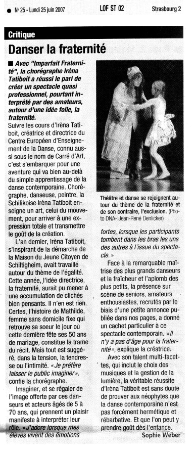 Le Carré d'Art, école de danse à Strasbourg - DNA 25 juin 2007, Danser la fraternité, Sophie Weber