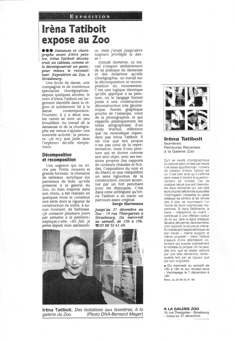 Le Carré d'Art, école de danse à Strasbourg - DNA, décembre 2001, irena Tatiboit expose au ZOO, Serge Hartmann